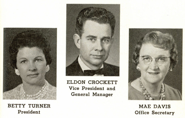 Three portraits are arranged from left to right. The first shows a woman labeled "Betty Turner, President." The middle shows a man labeled "Eldon Crockett, Vice President and General Manager." The third shows a woman labeled "Mae Davis, Office Secretary." All are dressed formally.