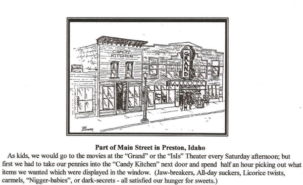 A drawing depicts a street scene with two buildings. On the left is a structure labeled "Candy Kitchen." Next to it is a larger building with a marquee sign reading "Grand." Several people are gathered at the entrance. Below the drawing, text describes childhood memories of visiting these places on Main Street in Preston, Idaho, mentioning going to movies and buying candy.