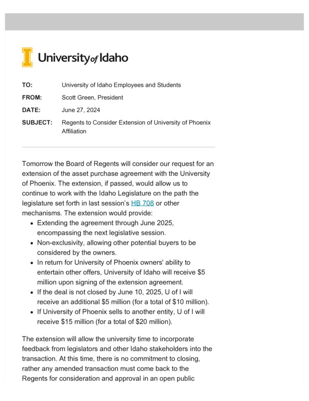 June 27, Regents to Consider Extension of University of Phoenix Affiliation