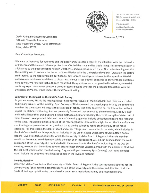 Credit Rating Enhancement Committee Letter