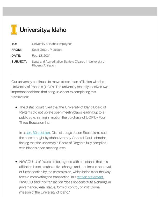 Feb. 13, Legal and Accreditation Barriers Cleared in University of Phoenix Affiliation