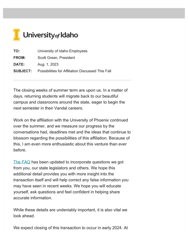 Aug. 1, Possibilities for Affiliation Discussed This Fall