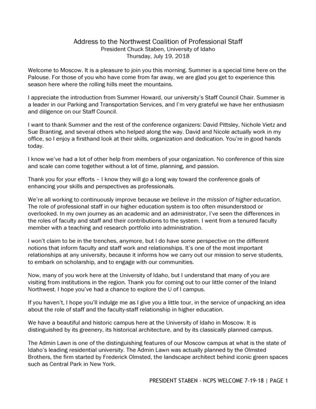 Address to the Northwest Coalition of Professional Staff