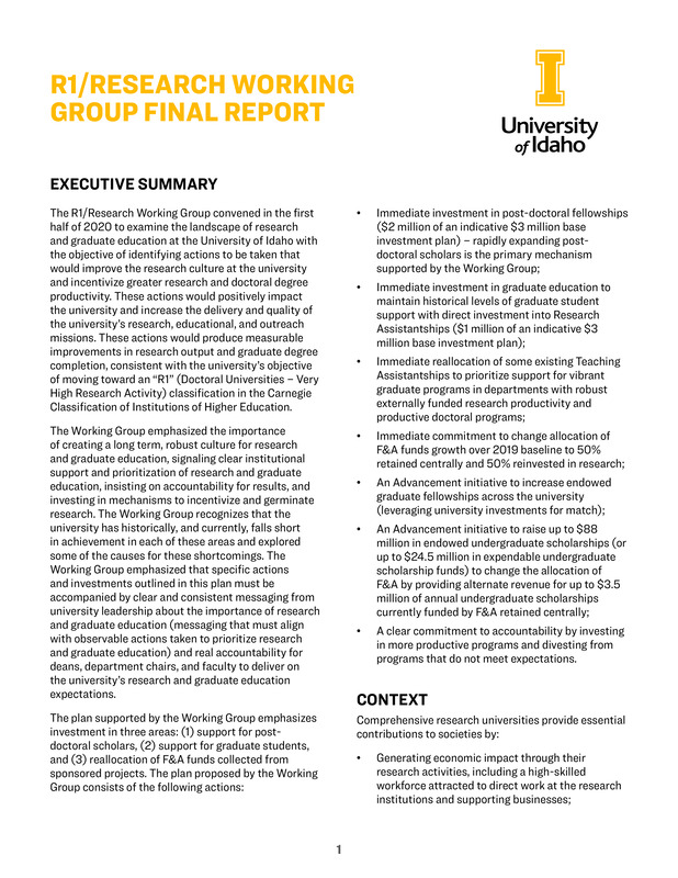 The R1-2026 Research Initiative Working Group finalized in 2020 its recommendations to invest in moving the university toward an R1 Carnegie Classification. Those recommendations are outlined in the R1-2026 Research Initiative Working Group Paper and focus on making new investments in postdoctoral scholar and doctoral research support, while working to shift the university’s culture toward one of delivering results and expecting accountability in research and graduate education for all faculty.