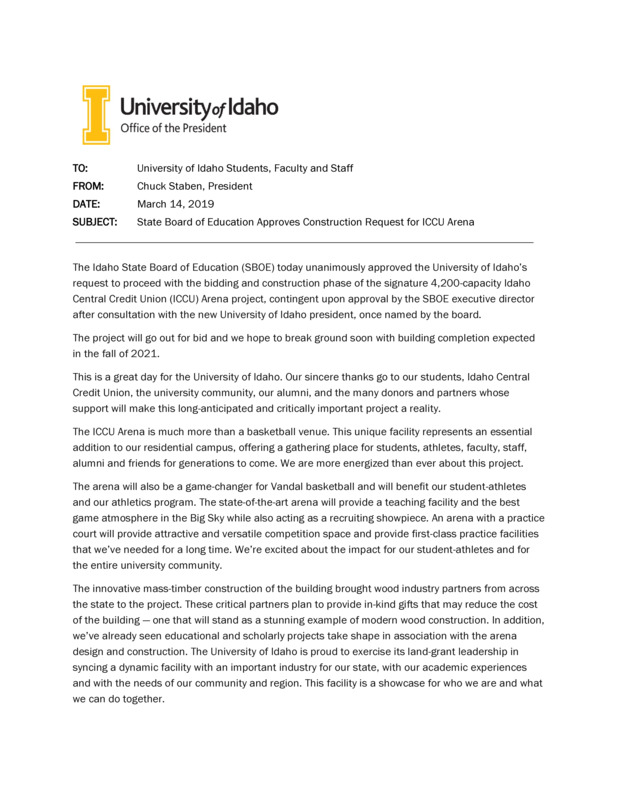 SBOE Approves Construction Request for ICCU Arena