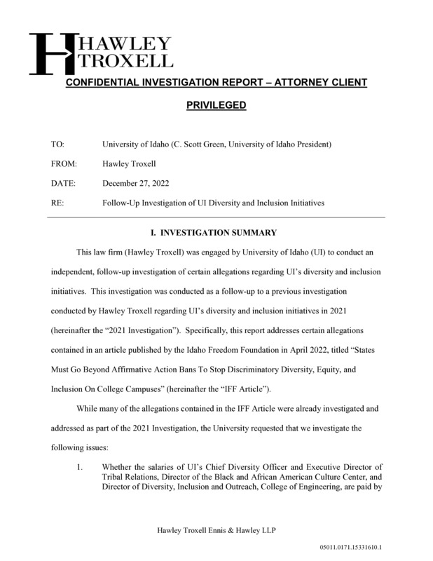 Investigation of UI Diversity and Inclusion: Hawley Troxell 2022 Independent Investigation Report