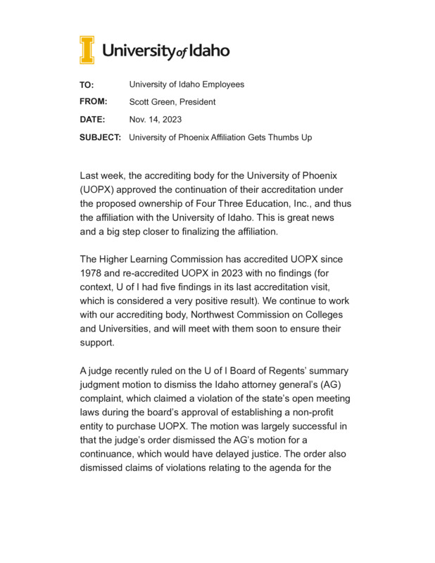 Nov. 14, University of Phoenix Affiliation Gets Thumbs Up