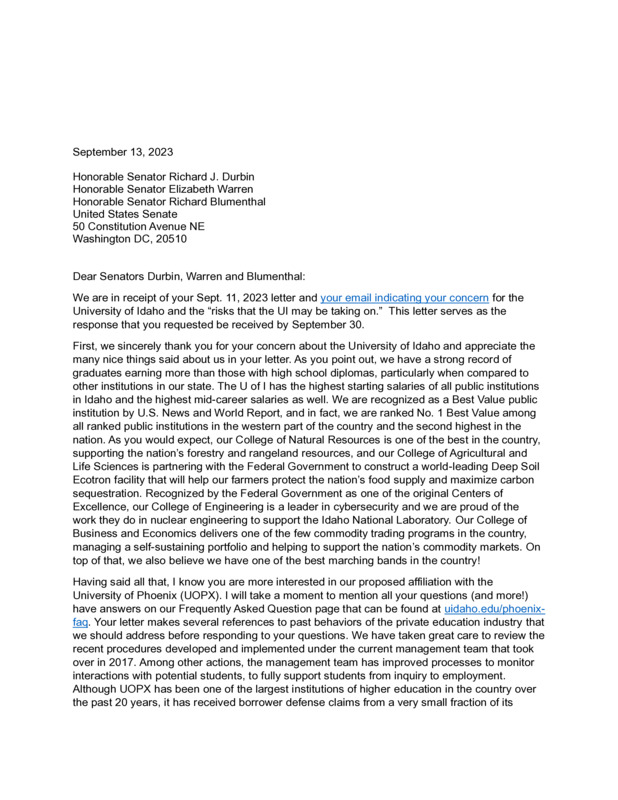 President Green Response to U.S. Senators