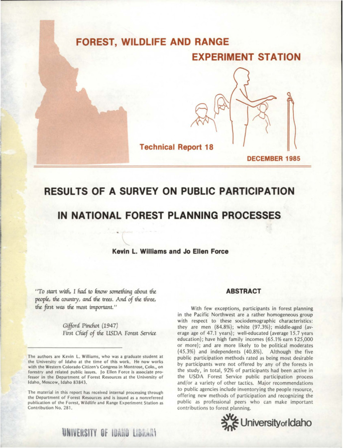 The report provides the results of a survey addressing what kinds of people are participating in Forest Service planning and decision-making, why they get involved, and what methods of participation they prefer.