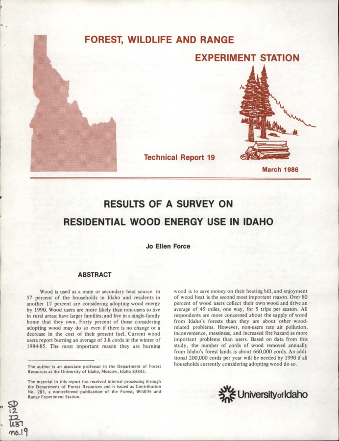The report presents information about the use of wood energy for residential heating throughout the state of Idaho.