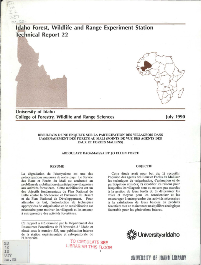 The report describes a study conducted in Mali to determine the opinions of forest employees about public involvement, the reasons that villagers are or aren't involved in the management of their forests, and the ways to best encourage the villagers to consciously maintain a balance between their needs and ecological needs.