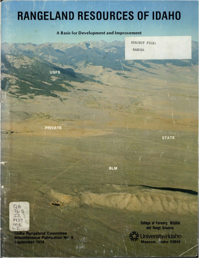The document provides a comprehensive description of Idaho range resources, including information about the physical and biological features of the state, land ownership and use, and identification of major problems of range use and land management.  It includes colored photographs.