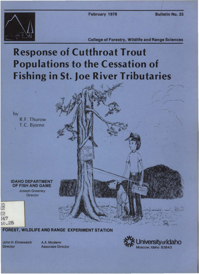 The bulletin reports the response of cutthroat trout abundance to the closure of four tributaries of the lower St. Joe River to anglers.  It also studies migration patterns of cutthroat trout in the St. Joe River drainage, determines angler effort and catch on a tributary of the St. Joe River open to angling, and assesses the opinions of anglers regarding the fishery in tributary streams.