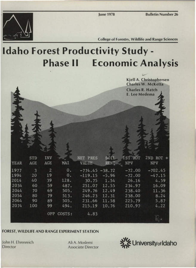 The bulletin estimates the economic potential of Idaho's forest lands and the corresponding implications to the state's economy.  It identifies stand management practices evaluates forest investment decisions under financial and biological maturity criteria.