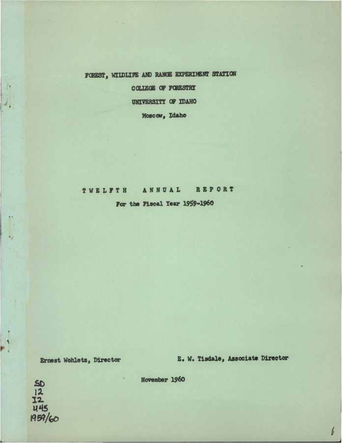 The report gives a summary of the college's activity during the year including staff activity and projects conducted by forest management, range management, and wildlife and fisheries management.  It also contains an appendix listing Forest, Wildlife and Range Experiment Station Staff and sources of research funds and other support.  This report contains two cover pages.