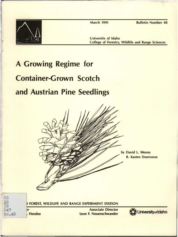 This report contains a synopsis of the methodology used at the University of Idaho Forest Research Nursery to produce container-grown Scotch and Austrian pine seedlings for research and conservation.