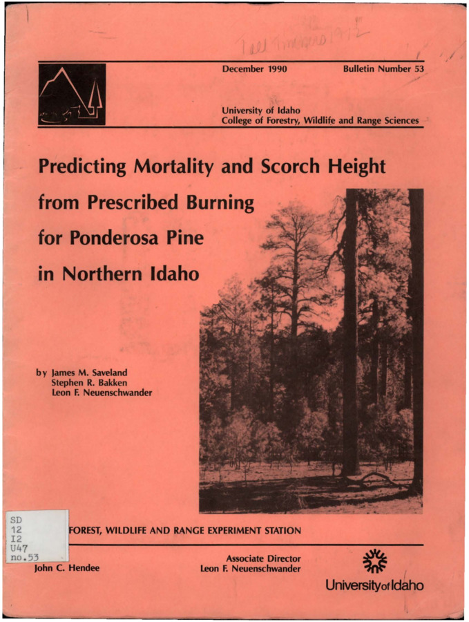 Planning the use of prescribed fire in ponderosa pine (Pinus ponderosa) communities often requires an estimate of tree mortality.  A logistic regression model was developed to estimate survival of fire-injured ponderosa pine from prescribed burning.  Scorch height and diameter at breast height estimate the probability of survival.  Once a ponderosa pine exceeds 45 cm in diameter, it has a high probability of survival for the range of intensities within this study.  Since the model is based on scorch height, Van Wagner's (1973) scorch height predictive equations were tested using data collected from 21 experimental fall fires.  The range of data includes fire line intensities from 16 to 860 Kcal/sec/m, ambient air temperatures from 13 to 29?C, and average scorch heights from 1 to 17 m.  Van Wagner's second equation, where scorch height is a function of fire line intensity and ambient air temperature, should be used to predict scorch height.  Regression coefficients should be developed for different tree species.  The regression coefficient for ponderosa pine developed in this study is lower than the average value of other tree species.  Fire line intensity and ambient air temperature account for only 68% of the variability in scorch height for ponderosa pine in this study.  Large fuels or heavy duff loadings that provide ventilation and heat for extended periods of time may help further explain the variability.