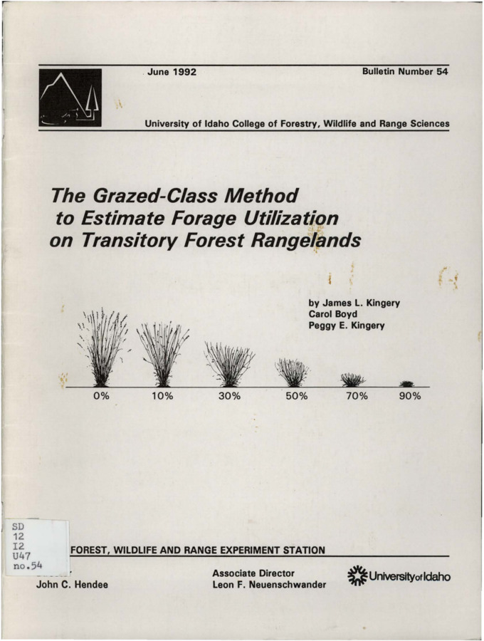 This publication provides an explanation of the grazed class method of estimating forage utilization, including necessary data sheets. The grazed-class method of estimating forage utilization was developed for and tested on arid rangelands in the Southwest, but appears to have considerable potential in forested settings of the Pacific Northwest as well.  It was designed to provide range resource managers with an accurate and easy-to-use tool to monitor livestock utilization of selected forage species.  The procedure is based on the concept that when one or more key species of an area representative of a larger range type have been properly utilized, optimum use of that rangeland has been made.  The method classifies grazed plants into utilization classes, based on the percent of total plant weight removed.