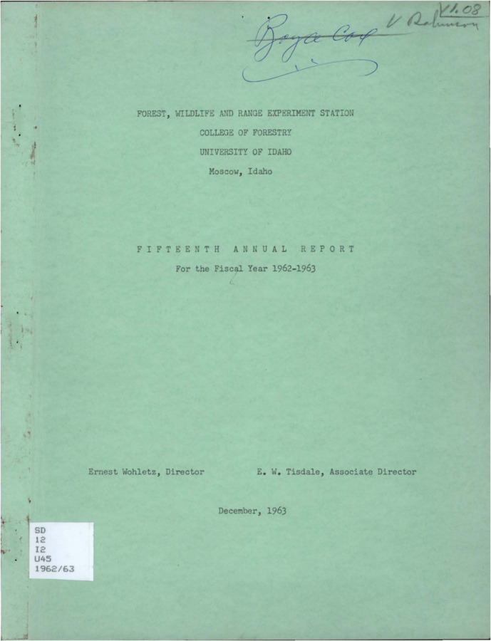 The report gives a summary of the college's activity during the year including staff activity and projects conducted by forest management, range management, and wildlife and fisheries management.  It also contains an appendix listing Forest, Wildlife and Range Experiment Station Staff and sources of research funds and other support.