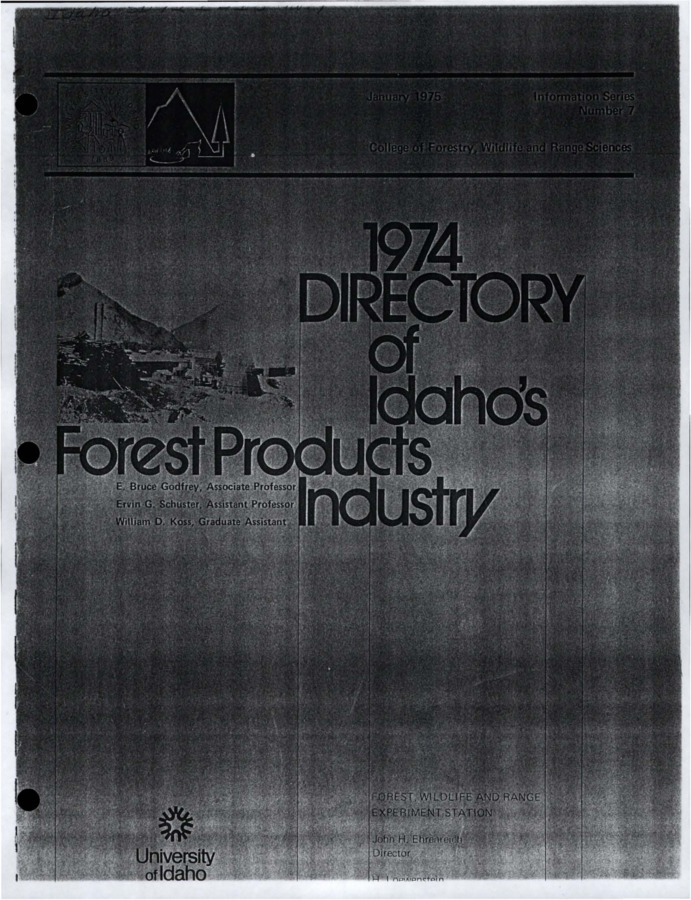 The directory contains four sections.  The first is a complete alphabetical listing of firms in Idaho's forest products industry.  The second is an alphabetical listing of firms by county and includes the species used and products produced by each firm and complete mailing addresses for the firms.  The third section lists the firms, by number, that produce each of the products indicated.  The fourth section lists those firms that use the indicated species to manufacture various products.