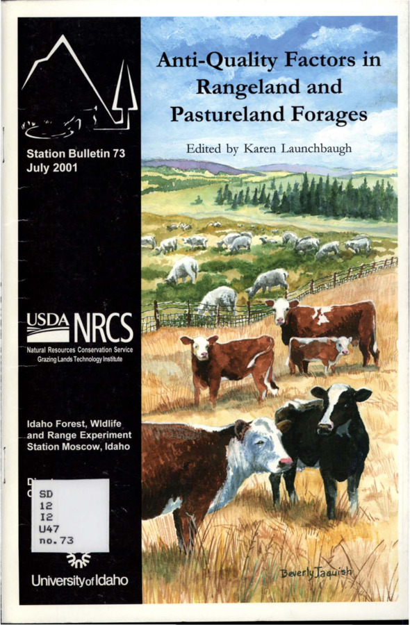 The goal of this publication is to review major anti-quality factors that influence livestock production on range and pasture lands.  Anti-quality components of forages are quite simply any factor inherent in forage that limits the ability of a grazing animal to reach its potential for growth and reproduction.  There are a number of frequently encountered effects of anti-quality factors such s bloat, mineral disorders, nitrate toxicity, poisonings from plant toxins such as glycosides or alkaloids, neurological effects, photosensitization, and disorders associated with microorganisms and insects.  Lignin, tannins, thorns, and spatial arrangements of plants are also considered anti-quality attributes because they reduce intake or digestibility.  This management bulletin is the outgrowth of a symposium on anti-quality attributes of rangeland and pastureland forages presented at the 1999 joint meeting of the American Forage and Grassland Council (AFGC) and the society for Range Management (SRM).