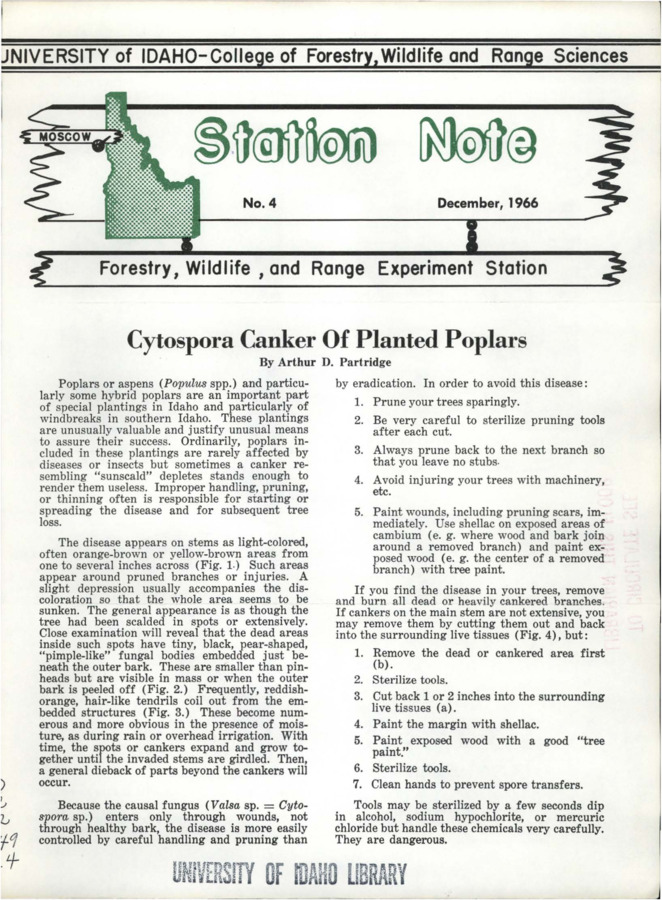 The note provides instructions on how to treat and prevent cytospora canker of planted poplars.