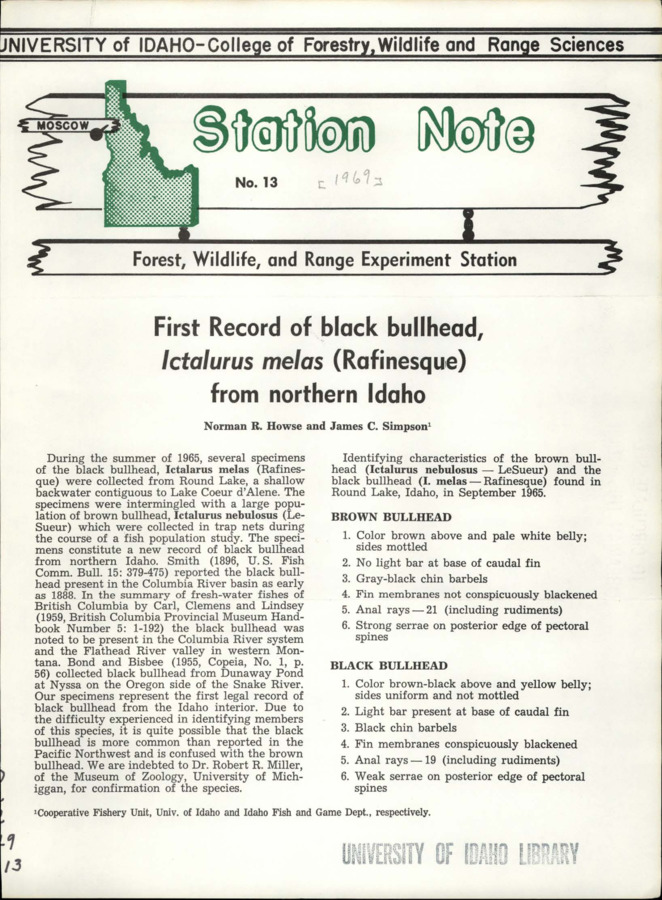 The note provides the first recorded evidence of the black bullhead in Northern Idaho and lists characteristics of both it and the brown bullhead.