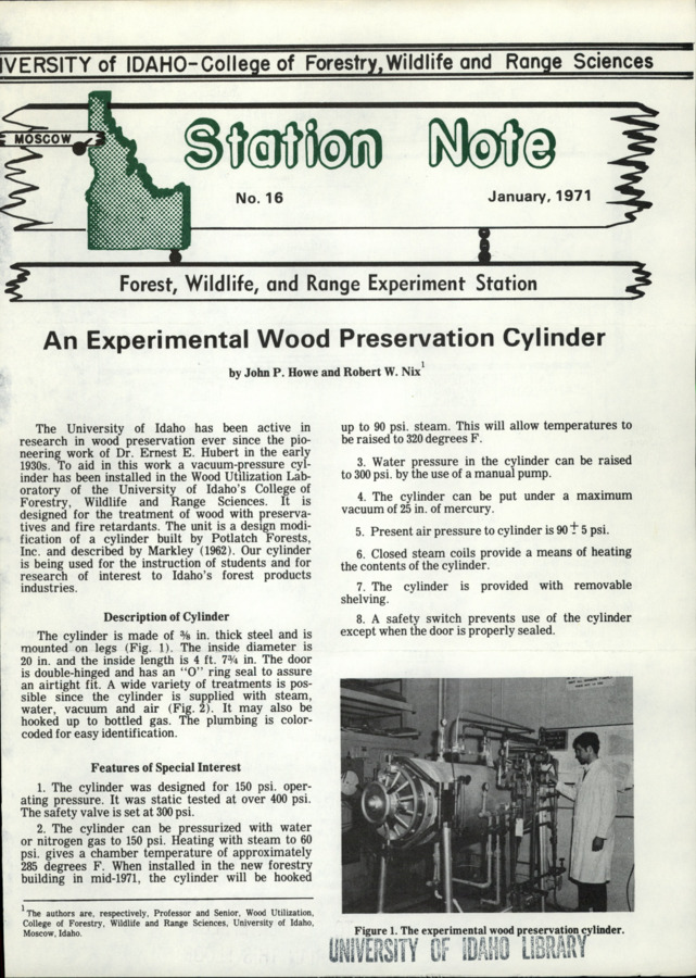 The note describes a vacuum-pressure cylinder installed in the Wood Utilization Laboratory designed for the treatment of wood with preservatives and fire retardants.