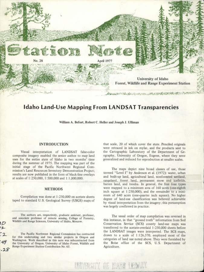 The note describes how LANDSAT false-color composite imagery was visually interpreted to map land uses for the entire state of Idaho in two months' time.