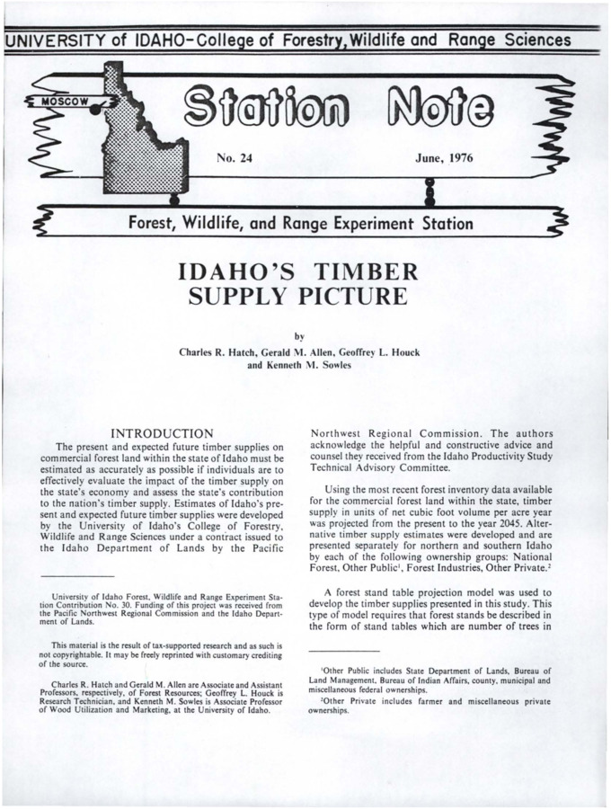The note gives an overview of Idaho's timber supply picture from 1974 to 2045, including an examination and discussion of timber supply projections.