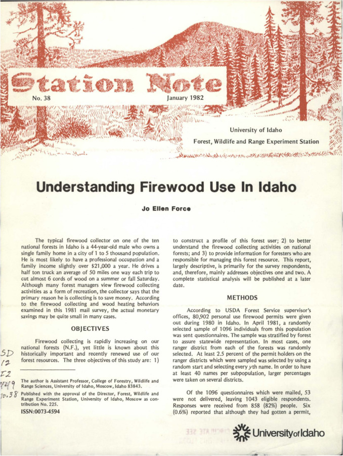 The note describes a mail survey examining firewood collecting and wood heating behaviors.