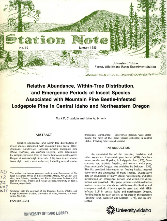 The note reports a study that determined relative abundance and within-tree distribution of insect species associated with mountain pine beetle-infested lodgepole pines.