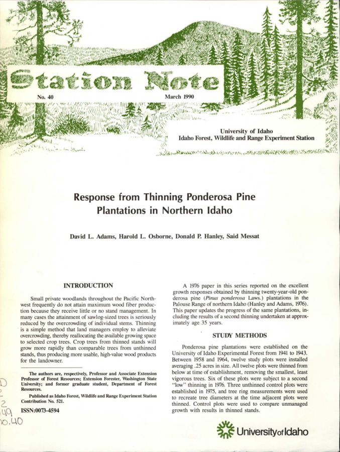 The note provides an update to Station Note No. 26, including the results of a second thinning undertaken on the same plantations.