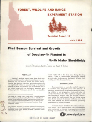 The report discusses an experiment that compared first year survival, growth, and animal damage of Douglas fir seedlings planted under dense shrub competition against Douglas firs planted on adjacent cleared areas.