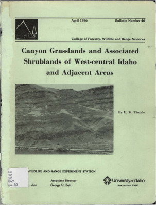 Grasslands dominated by perennial bunchgrasses occupy the canyon-like valleys of the Snake and Salmon Rivers and their tributaries in west-central Idaho.  The grassland areas differ in elevation from 215 to 2400 m. (710-7800 feet) with slopes commonly of 45 to 70 percent and ranging to over 100 percent.  Soils, mainly Xerolls, derived from volcanic materials are permeable and relatively stable.  Vertical zonation of climate, vegetation and soils prevails, modified mainly by differences in aspect.  Plant communities (series) characterized by Agropyron spicatum, Festuca idahoensis and Carex hoodii respectively, occupy most of the grassland area and form five habitat types.  Minor types of less certain seral status occur at low elevations and are dominated by Sporobolus cryptandrus and Aristida longiseta.  Small inclusions of shrub grass types are dominated by Artemisia rigida, Symphoricarpos albus, Rhus glabra, Cercocarpus ledifolius and Celtis reticulata.  Vegetation altered by the effects of livestock grazing in the century of white settlement shows extensive loss of native species and replacement by aliens, mainly of Mediterranean origin.  Principal invaders were Bromus tectorum and other annual bromes, but others, including several species of Centaurea, are increasing on depleted sites.