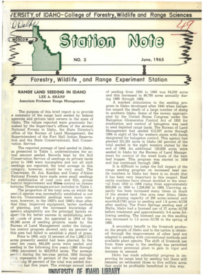 The note summarizes the range land seeded by federal agencies and private land owners in the state of Idaho using data collected by governmental agencies.