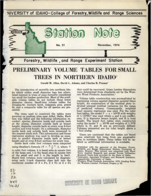 The note provides volume tables for small diameter logs previously considered too small for lumber production.