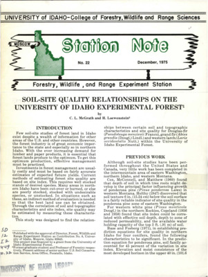 The note describes a study designed to find the relationships between certain soil and topographic characteristics and site quality for Douglas fir, grand fir, and western larch within the University of Idaho Experimental Forest.