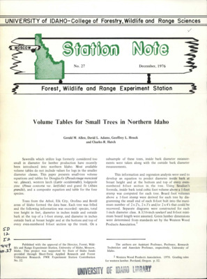 The note presents small-tree volume equations and tables for Douglas fir, western larch, lodgepole pine, and grand fir, as well as a composite equation and table for the four species.
