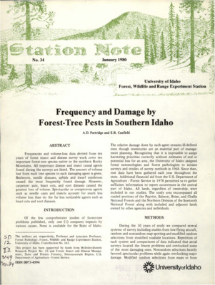 The note presents the frequencies and volume-loss data derived from ten years of forest insect and disease survey work covering ten forest-tree species native to the northern Rocky Mountains.