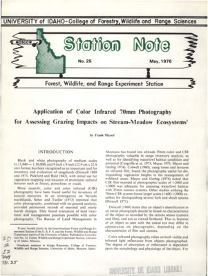 The note reports a study to evaluate the effects of a grazing system on stream-meadow ecosystems in central Idaho through the use of color and color infrared photography.