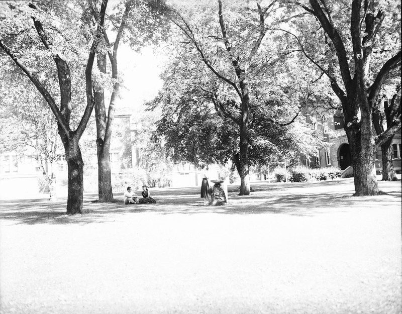 Students sitting out on the campus lawn. Buildings can be seen in the background.