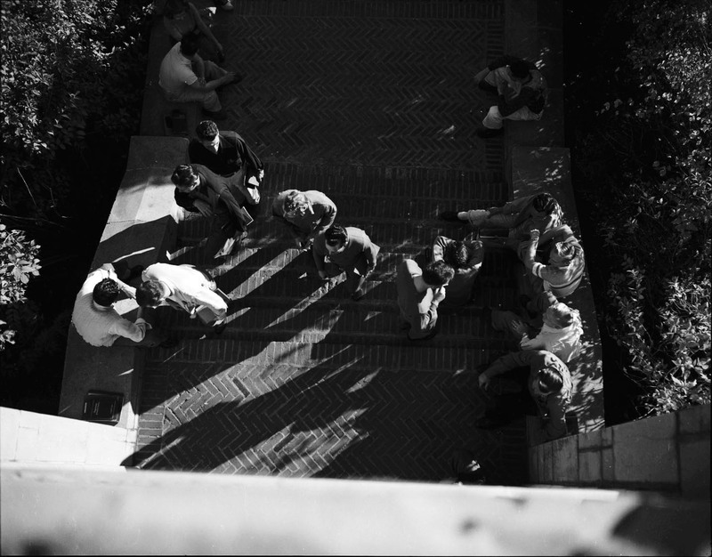 A photograph taken from above a group of students on the steps of a building.