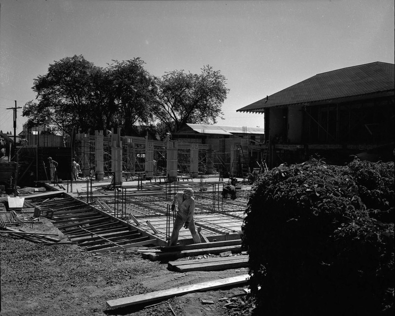 A photograph of the construction crew setting the foundation of the 1950 addition to the Student Union Building (1936).