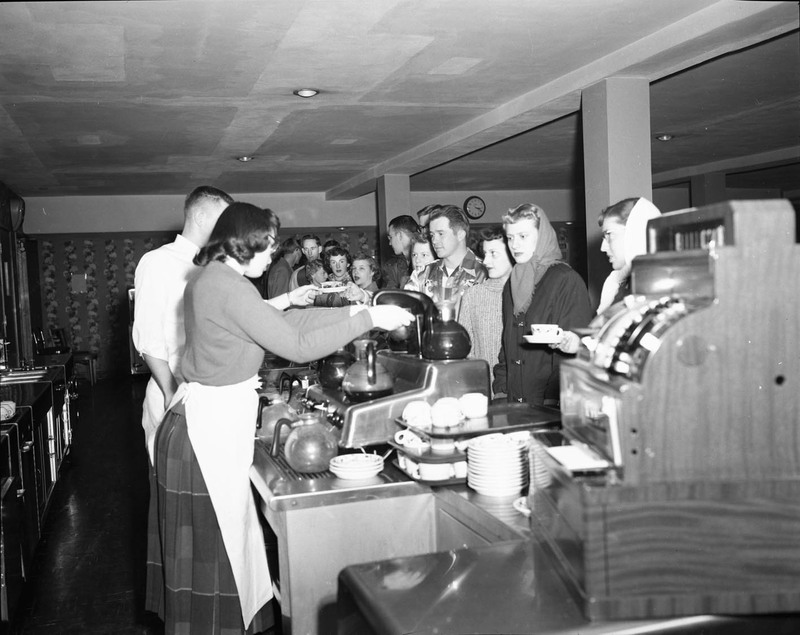 A line of students at a food counter in the Student Union Building.