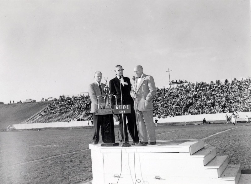 University President Theophilus speaking at the Homecoming game.