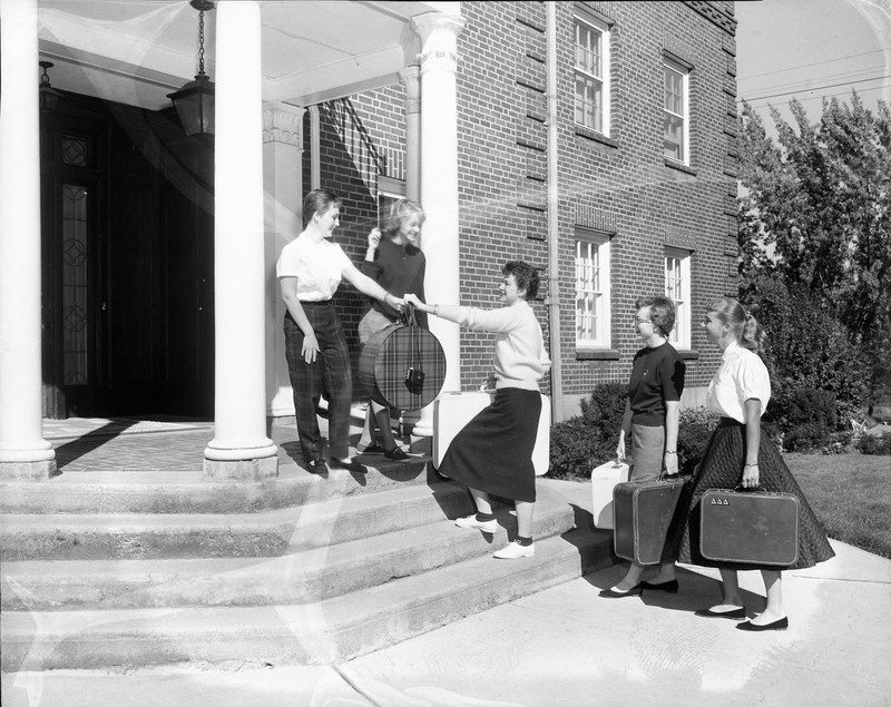 Delta Delta Delta students coming back to campus (l-r): Claudia Parsel, Margaret Sullivan, Kay Sommers, Mary Lou Walcott, and Patricia Kelley.