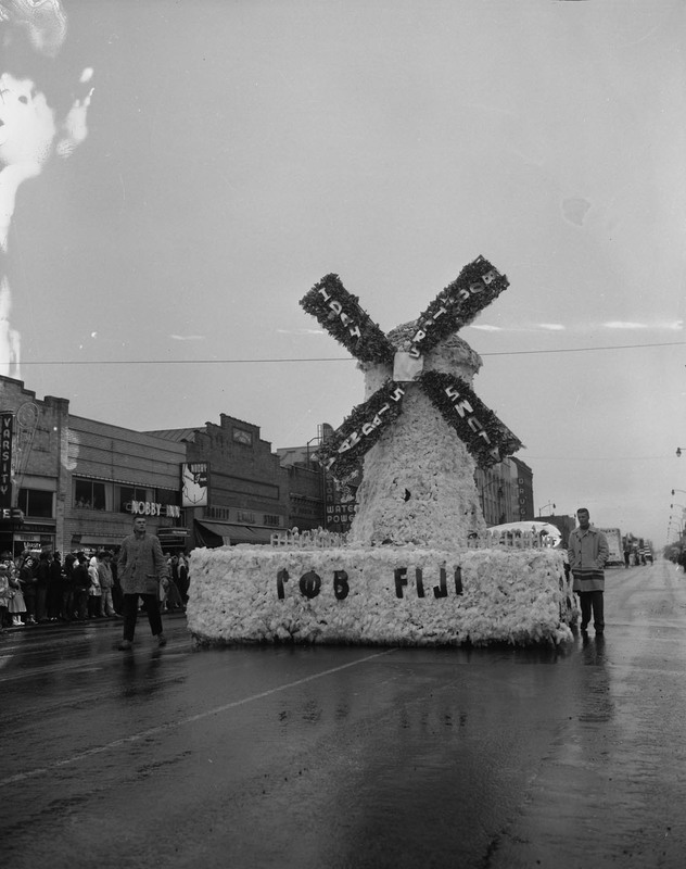 A Fiji fraternity homecoming float in the shape of a windmill in downtown Moscow.