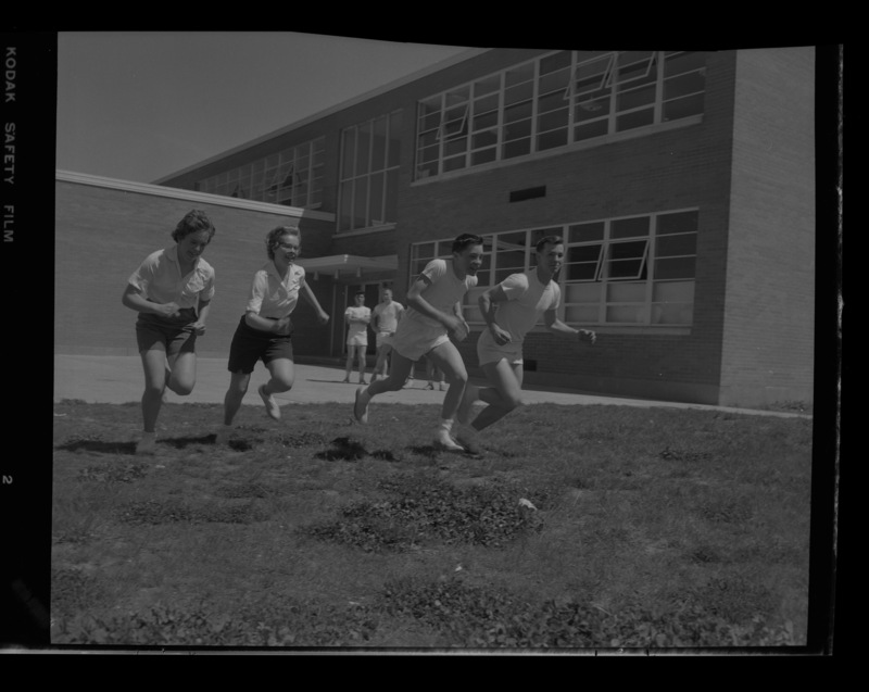 Students running for a physical fitness class outside the Moscow Middle School.