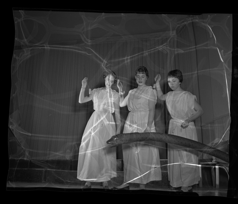 From left to right Ione Hinckle, Billie Sommers, and Vicki Fisher as the three ladies from the opera The Magic Flute in a researsal for the annual "Evening of Opera" workshop presented by the School of Music.